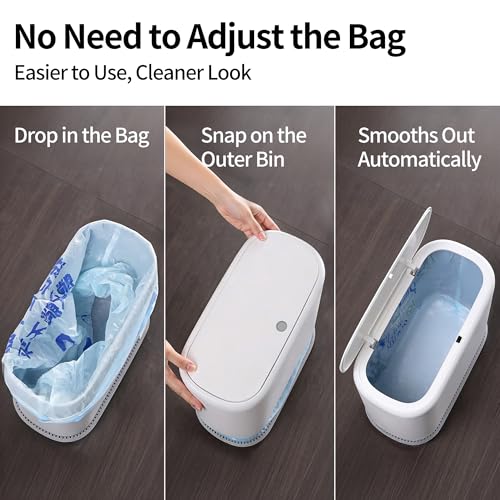 Small Bathroom Trash Can with Lid, 2.3 Gallon Slim Trash Can, Narrow Garbage Can with Hidden Liner & Auto-Smooth Bag Fit, Press-to-Open Lid, White, for Bathroom, Bedroom, Office, Kitchen