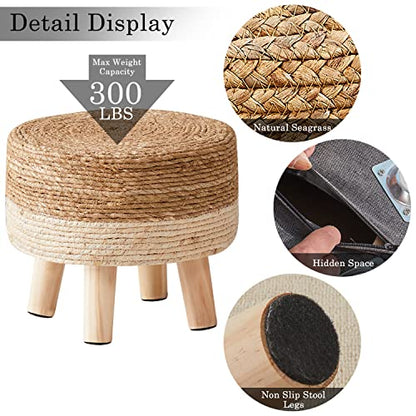 Foot Stool Natural Seagrass Hand Weave Poufs Round Ottoman for Couch Desk Soft Step Stool Padded Foot Rest with Non-Skid Pine Legs for Hallway Office Lounge Natural/White
