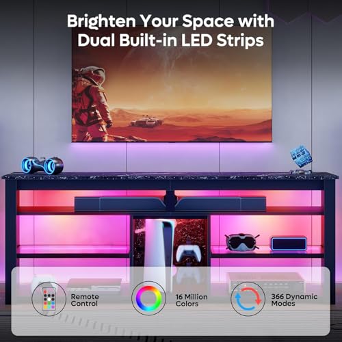 Bestier TV Stand for 70 inch TV, Tall Entertainment Center with 2 Led Lights, Gaming TV Console with Storage for PS5, Modern TV Cabinet for Bedroom, Living Room, Black Marble