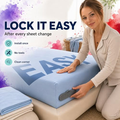 Bed Sheet Holders for Corners - Secure Fitted Sheet Holder with Lock Strips for Queen and King Size Bedsheets, Ideal for Dorms, No Metal Clips, Includes Corner