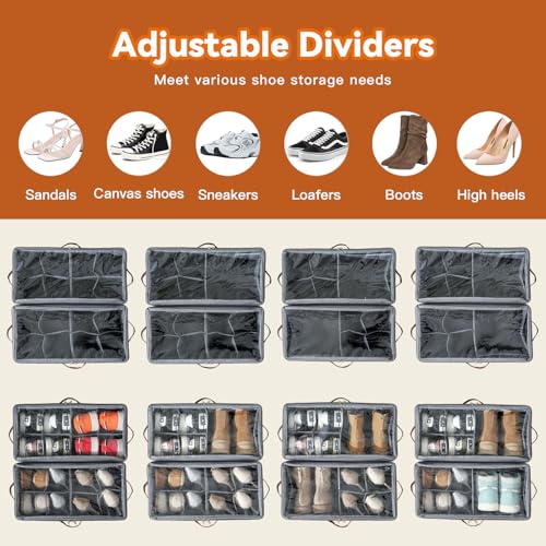 Shoe Organizer for Closet, Fits 32 Pairs, Gray, 4 Pack | Space Saving, Adjustable Dividers, Clear Cover, Reinforced Handles, Stackable & Foldable Farbic Shoe Storage Organizer Box