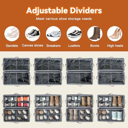 Shoe Organizer for Closet, Fits 32 Pairs, Gray, 4 Pack | Space Saving, Adjustable Dividers, Clear Cover, Reinforced Handles, Stackable & Foldable Farbic Shoe Storage Organizer Box