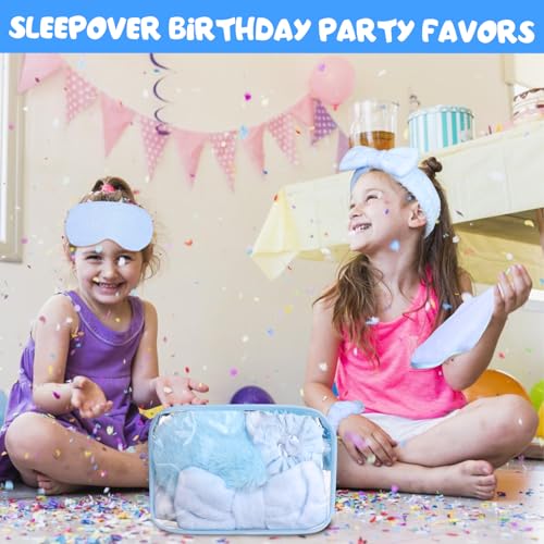 30 Pcs Spa Sleepover Party Supplies 6 Bow Makeup Headband 6 Plush Sleep Eye Mask 6 Velvet Scrunchies 6 Makeup Remover Cloth 6 Clear Cosmetic Bags for Women Slumber Party Favors (Blue)
