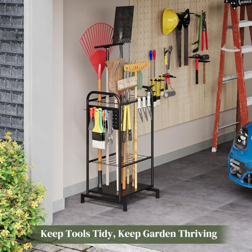 Garden Tool Organizer with Hooks Yard Tool Rack Heavy Duty Steel Yard Tool Organizer and Garden Storage Holder Broom Holder for Shed, Patio, Outdoor Indoor