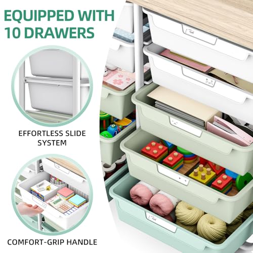 10 Drawer Rolling Storage Cart with Wood Top for Classroom Crafts Green | Easy Setup, Large Capacity, Sturdy Build, Lockable Mobility, For office, classroom and home supplies