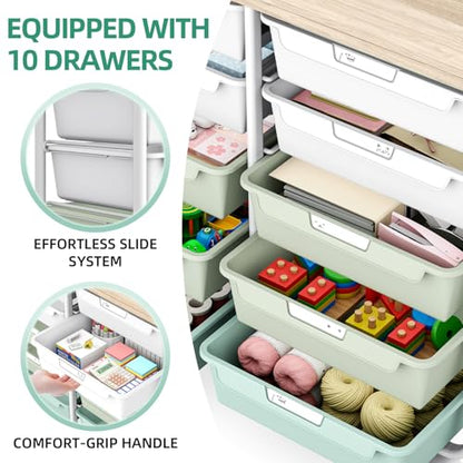10 Drawer Rolling Storage Cart with Wood Top for Classroom Crafts Green | Easy Setup, Large Capacity, Sturdy Build, Lockable Mobility, For office, classroom and home supplies