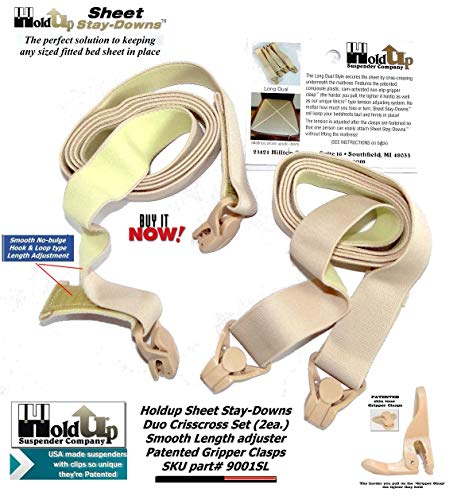 Holdup Crisscross Fitted Sheet Strap Stay-Downs Patented Gripper Clasps | Holdup Crisscross fitted sheet strap stay-downs with USA patented gripper clasps. Secure hold keeps sheets firmly in place.