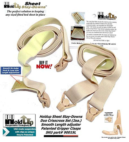 Holdup Crisscross Fitted Sheet Strap Stay-Downs Patented Gripper Clasps | Holdup Crisscross fitted sheet strap stay-downs with USA patented gripper clasps. Secure hold keeps sheets firmly in place.