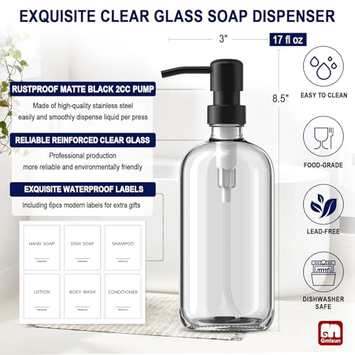 GMISUN Glass Soap Dispenser with Pump, 2 Pack Clear Bathroom Hand Soap Dispenser with Stainless Steel Pump, 17 Fl Oz Refillable Kitchen Hand and Dish Soap Dispensers Set, Modern Liquid Pump Bottles