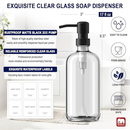 GMISUN Glass Soap Dispenser with Pump, 2 Pack Clear Bathroom Hand Soap Dispenser with Stainless Steel Pump, 17 Fl Oz Refillable Kitchen Hand and Dish Soap Dispensers Set, Modern Liquid Pump Bottles