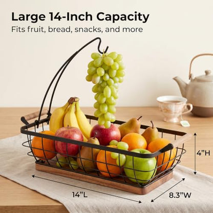 Rectangular Fruit Basket with Banana Hanger,Metal Wire Fruits Bowl with Wooden Base,Kitchen Table Organizer,Black Fruit Bowl for Kitchen Counter,Vegetable Bowls for Fruits, Veggies, Snacks.