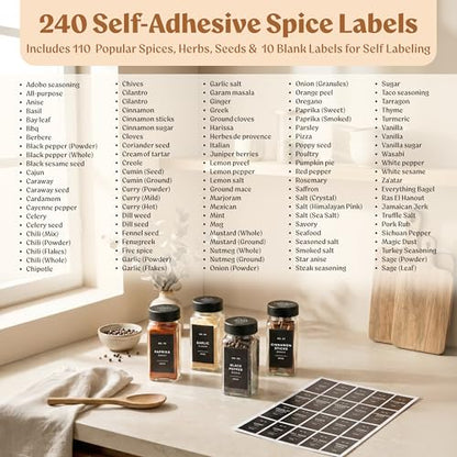 Glass Spice Jars with Labels (24 x 4oz) Spice Containers with 240 Labels, Shaker Inserts, Funnel, Empty Square Empty Square Seasoning Organizer (Black Lids)