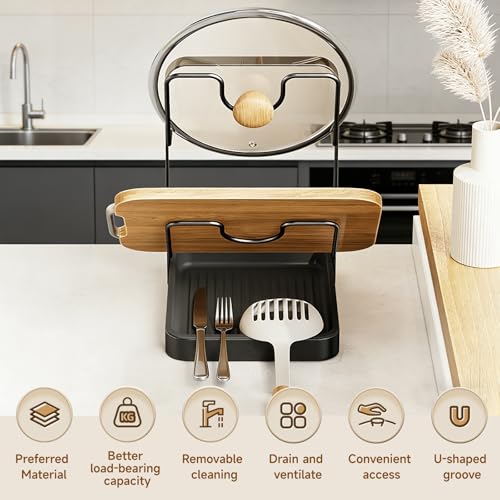 2-Tier Pot Lid Holder with Detachable Drip Tray, Kitchen Organizer | Two-tier countertop rack stores pot lids, pan covers, cutting boards, and ladles; detachable tray helps collect drips.