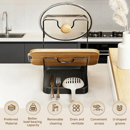 2-Tier Pot Lid Holder with Detachable Drip Tray, Kitchen Organizer | Two-tier countertop rack stores pot lids, pan covers, cutting boards, and ladles; detachable tray helps collect drips.