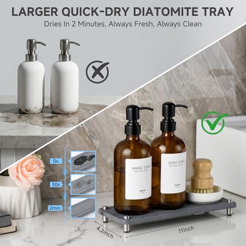 2 Pack Kitchen Soap Dispenser Set - 16oz Amber Glass Dish and Hand Soap Dispenser with Stainless Steel Pump, Instant Dry Tray, Dish Brush & Holder, Refillable Countertop Sink Decor for Kitchen & Bath