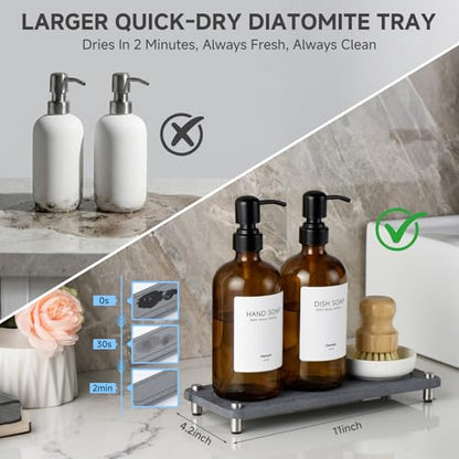 2 Pack Kitchen Soap Dispenser Set - 16oz Amber Glass Dish and Hand Soap Dispenser with Stainless Steel Pump, Instant Dry Tray, Dish Brush & Holder, Refillable Countertop Sink Decor for Kitchen & Bath