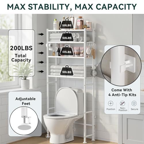 4-Tier Over The Toilet Storage Shelves, White | 200lb Total Capacity, Metal Bathroom Organizer with 36" Clearance, Includes Paper Holder & 4 Hooks, Suit for Small Space