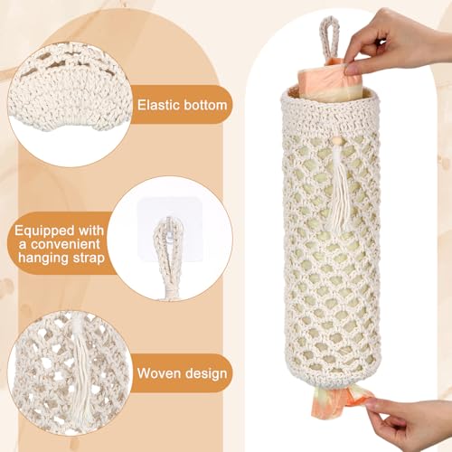 Plastic Bag Holder, Macrame Grocery Bag Storage Reusable Hanging Shopping Trash Bags Dispenser Boho Decor for Kitchen Closet Pantry Laundry Room, with 1 Traceless Hook