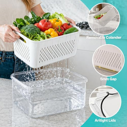 HOMETALL 4 Pack Fruit Storage Containers for Fridge Set, Produce Containers | for Fridge with Strainer, Plastic Reusable Fridge Organizers and Storage for Berry Salad Lettuce, Size 3.4, 1.8, 0.9, 0.4QT