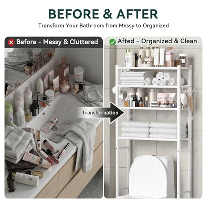 4-Tier Over The Toilet Storage Shelves, White | 200lb Total Capacity, Metal Bathroom Organizer with 36" Clearance, Includes Paper Holder & 4 Hooks, Suit for Small Space
