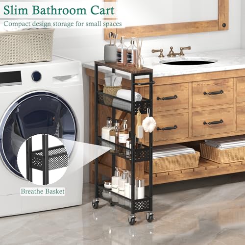 XYZLVSI Utility Slim Storage Cart on Wheels, 4 Tier Laundry Room Organizers | 5" W narrow shelf for small spaces, skinny rolling cart with wooden top and metal handle for kitchen/bathroom/Office/Dorm