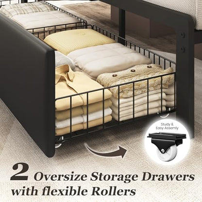 Queen Bed Frame with 2 Storage Drawers, Upholstered Headboard Button Tufted Bed Frame with Charging Station, No Box Spring Needed, Noise-Free, All Metal Structure, Black