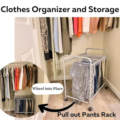 Evelots Rolling Pants Rack with 20 Hangers, Jean and Skirt Closet Organizer | Rolling pants rack includes 20 hangers to organize jeans, skirts and trousers while maximizing closet space and easier access