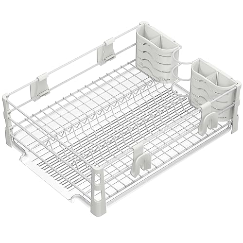 Simple Houseware Dish Drying Rack, White | with Drainboard, Utensil Holder and Mug Hooks