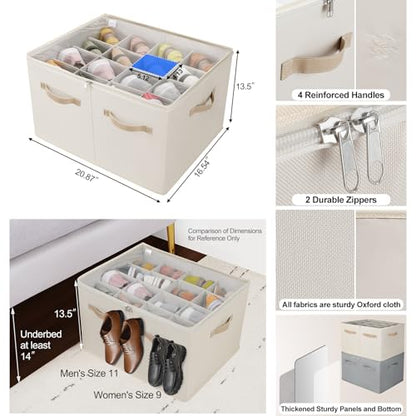 Shoe Organizer for Closet, Foldable Shoe Box with Adjustable Dividers and Clear Cover, Space Saving Shoe Storage Organizer Cabinet with Reinforced Handles, Fits 16 Pairs, Beige TP09Y