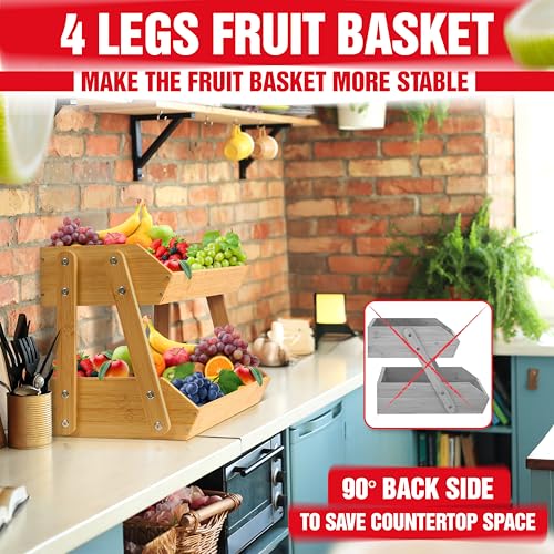 16.5" Fruit Stand Storage Holder 4 Sturdier Legs, 2-Tier Fruit Basket Bowl | Premium Produce Basket for Kitchen, Bamboo Fruit Bowl Holder for Fruit, Vegetables, Bread, Snacks, Countertop Organizer