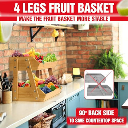 16.5" Fruit Stand Storage Holder 4 Sturdier Legs, 2-Tier Fruit Basket Bowl | Premium Produce Basket for Kitchen, Bamboo Fruit Bowl Holder for Fruit, Vegetables, Bread, Snacks, Countertop Organizer