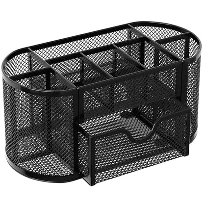EasyPAG Mesh Pen Holder Desk Organizer with Drawer Stationery Supplies Organizer for Dorm School 9 Compartments Workspace Desk Accessories Organization for Office, Black