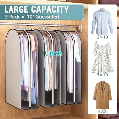 Liuoud 10" Gusseted Garment Bags for Hanging Clothes 40" Suit Bags for Open Closet Storage, Side Clear Clothing Cover for Coat, Dress, Jacket, Shirt, Fur Wardrobe Protector, 3 Packs, Grey