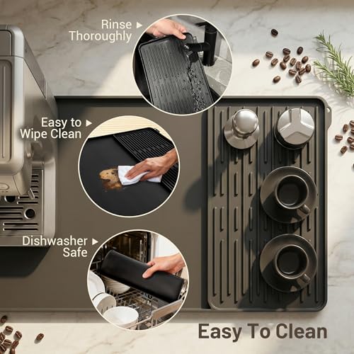 Silicone Coffee Mat for Countertop, 24x16 inch Heat Resistant Espresso Machine Mat, Non-Slip Coffee Bar Mat with Detachable Drying Area and Raised Edge, Waterproof Station Pad - Black
