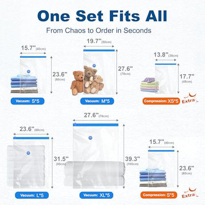 HOUSE DAY 30 Pack Vacuum Storage Bags with Electric Pump, 4 Sizes + 2 Roll-Up (5 Each), Space Saver Vacuum Seal Bags for Clothing, Bedding, Pillows, Travel – Airtight Seal, Reusable & Durable