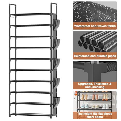Tall Shoe Rack - 10 Tier Shoe Organizer 30-35 Pairs Boot Storage | with 5 Hooks, Pocket & Sturdy Large Vertical Shoe Shelf Stand Tower, Closet, Entryway, Bedroom, Garage, Free Standing