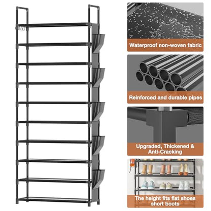 Tall Shoe Rack - 10 Tier Shoe Organizer 30-35 Pairs Boot Storage | with 5 Hooks, Pocket & Sturdy Large Vertical Shoe Shelf Stand Tower, Closet, Entryway, Bedroom, Garage, Free Standing