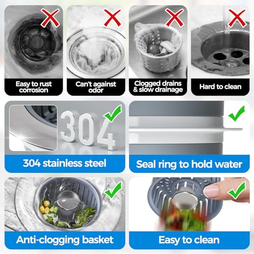 3 in 1 Kitchen Sink Drain Strainer Stopper Removable Basket Pop-Up | Kitchen Sink Accessories 2 Pack Silver Stainless - Food Catcher, Odor-Blocking Seal, Fits 3.5" Drain, Easy Clean
