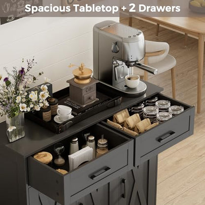 Coffee Bar Storage Cabinet with Drawers, Kitchen Buffet Cabinet | Sideboard Cabinet with Doors, Farmhouse Buffet Cabinet, Adjustable Shelves, for Kitchen / Dining / Living Room, Black