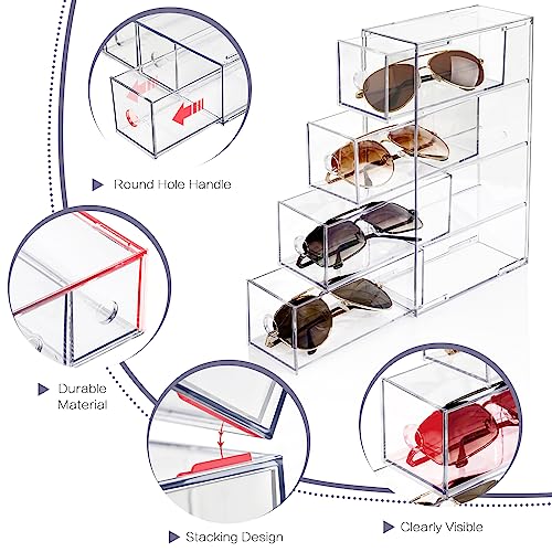 Desk Organizer with 4 Drawers, FODIENS Stackable Desktop Storage Box with Removable Drawer, Clear Sunglasses Organizer Display Case for Stationery Marker Pens Eyeglasses Office Supply
