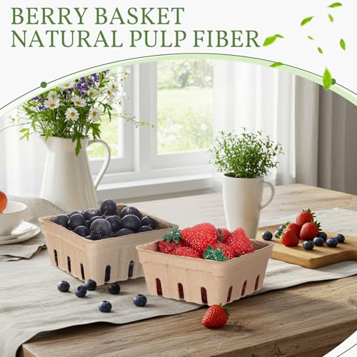 Reallnaive 20 Pack Natural Pulp Fiber Berry Baskets 1/2 Pint | For Strawberry, Blueberry, Raspberry, Vegetables, Farmers Market, Fruit Picking, Garden Harvest, Small Molded Produce Vented