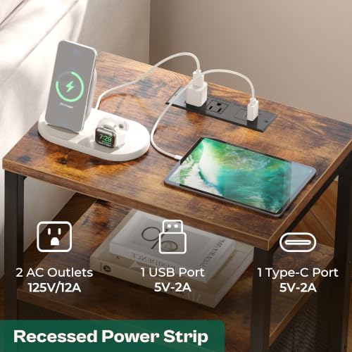 Huuger Nightstand with Charging Station, Side Table with Fabric Drawers, End Table with Open Shelf, Bedside Table with USB Ports and Outlets, Night Stand for Bedroom, Rustic Brown and Black