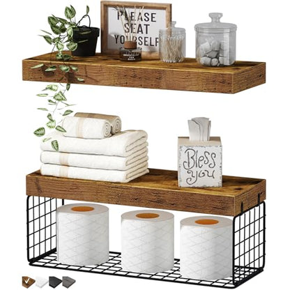 QEEIG Bathroom Shelves Over Toilet - Wall Mounted Floating Shelves Toilet Paper Storage Small Farmhouse Decor Shelf 16 inch Set of 2, Rustic Brown (019-BN2)