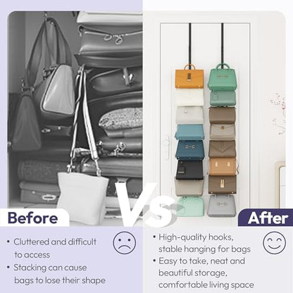 Over The Door Purse Organizer - 2 Packs Wall Mounted Purse Rack with 8 Hooks Design, Hanging Handbag Organizer Storage Holds up to 16 Bags, Bag Rack for Closet, Door (Black)