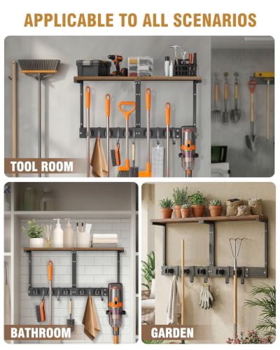 Large Broom Holder Wall Mount with Shelf, Vacuum Organizer, 5 Slots 5 Hooks | Black, 3-In-1 Wall Mount Stores Brooms/Mops/Vacuum, Cleaning Supplies With 5 Grippers/5 Hooks And A Sturdy Wooden Top Shelf