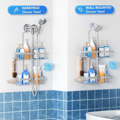 Sewulidon Aluminum Alloy Hanging Shower Caddy for Handheld Shower Heads,Rustproof Hose Shower Organizer 4 Levels Height Adjustable Shower Rack with Hooks,Razor Holder,Soap Holder