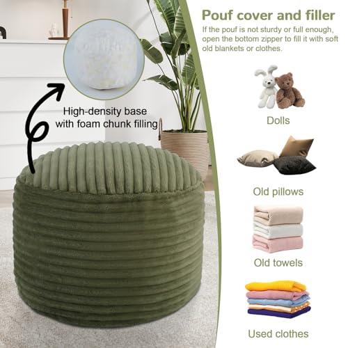 MeMoreCool Stuffed Round Pouf Ottoman Foot Rest, Corduroy Footstool, Green | Soft corduroy floor pouf footstool, foam filled round footrest for living room couch or sofa