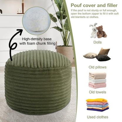 MeMoreCool Stuffed Round Pouf Ottoman Foot Rest, Corduroy Footstool, Green | Soft corduroy floor pouf footstool, foam filled round footrest for living room couch or sofa