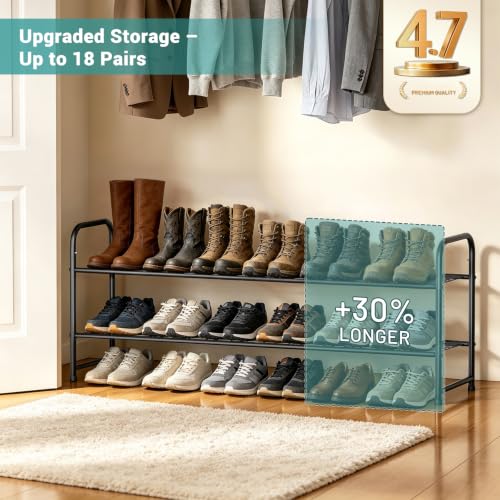 AOODA Long 2 Tier Shoe Rack for Closet Metal Wide Stackable Shoe Storage Organizer for Entryway, Bedroom, Floor, 18-Pairs Low Shoe Shelf, Black