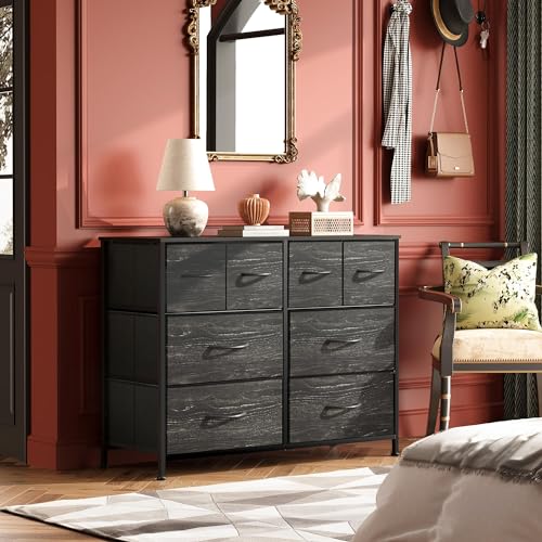 WLIVE Wide Dresser for Bedroom, 8 Drawer Chest of Drawers, Black Wood Grain | 8 roomy fabric drawers, Wide storage design, Bedroom or closet use, Sturdy steel frame, Smooth wood tabletop